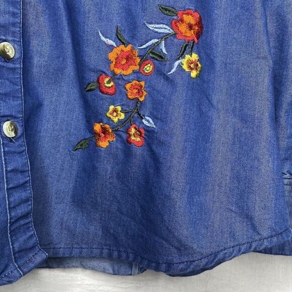 COMPANY ONE Shirt Embroidered V-Neck Long Sleeve Roll Tab Denim Womens S Blue - Picture 8 of 10